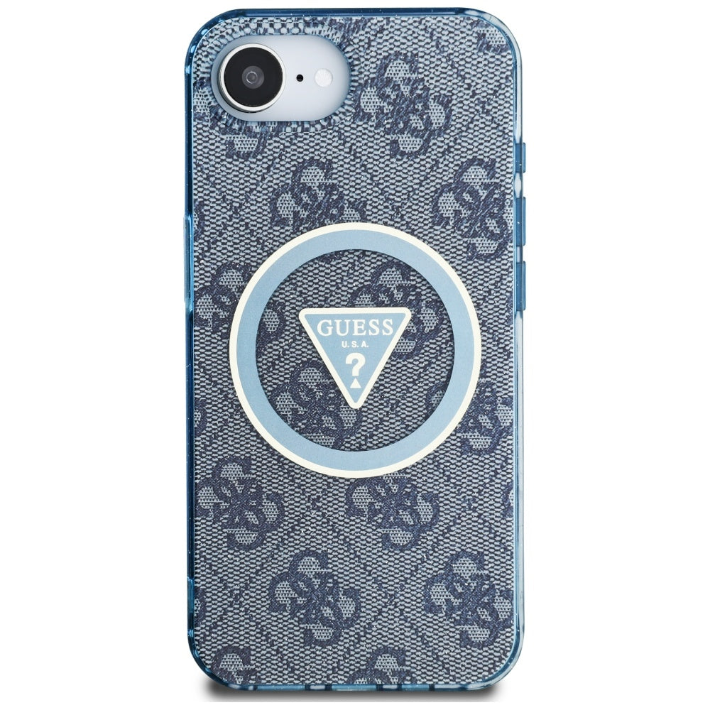 Custodia MagSafe per Apple iPhone 16e, Guess, IML Glitter 4G Circle Triangle, Blu