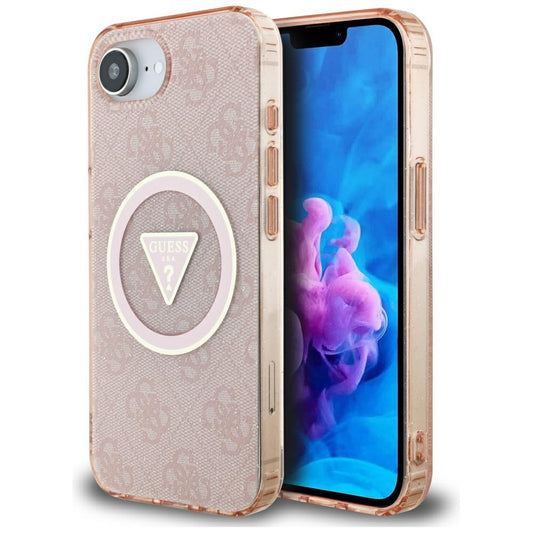 Custodia MagSafe per Apple iPhone 16e, Guess, IML Glitter 4G Circle Triangle, Rosa