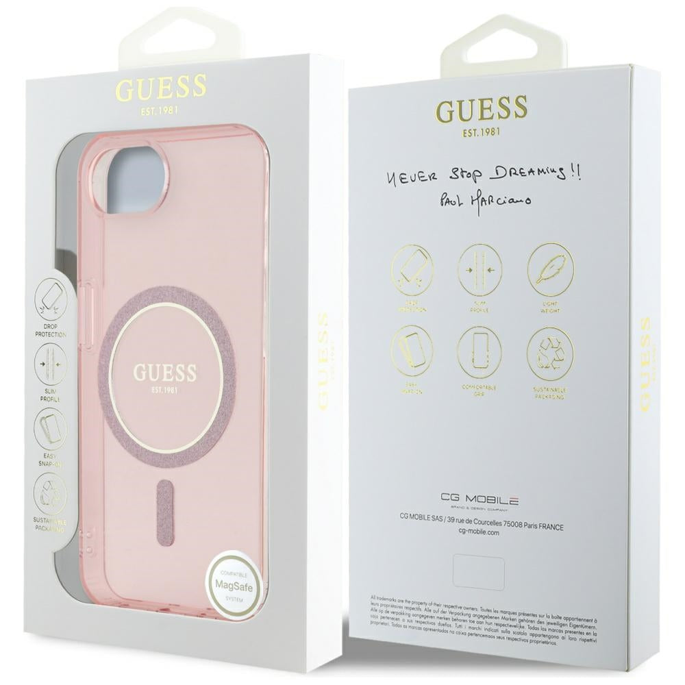 Custodia MagSafe per Apple iPhone 16e, Guess, IML Glitter Circle, Rosa