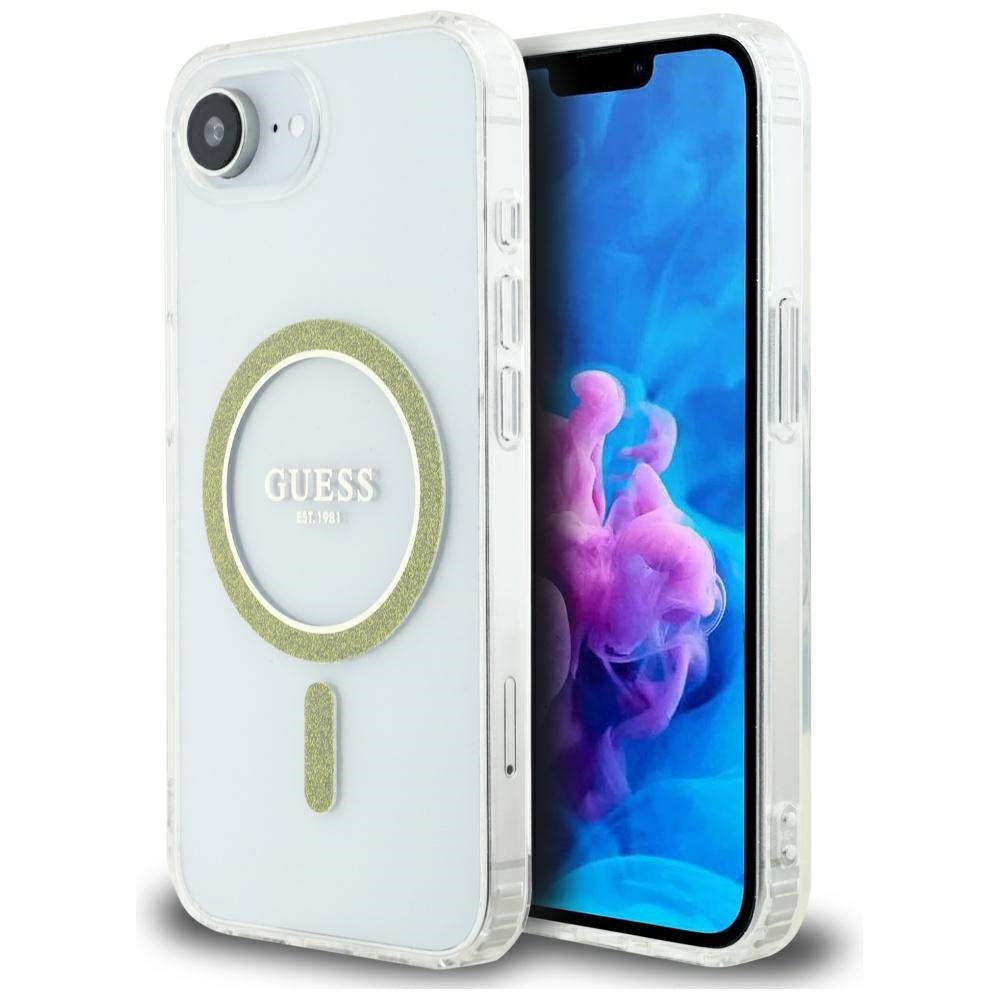 Custodia MagSafe per Apple iPhone 16e, Guess, IML Glitter Circle, Trasparente