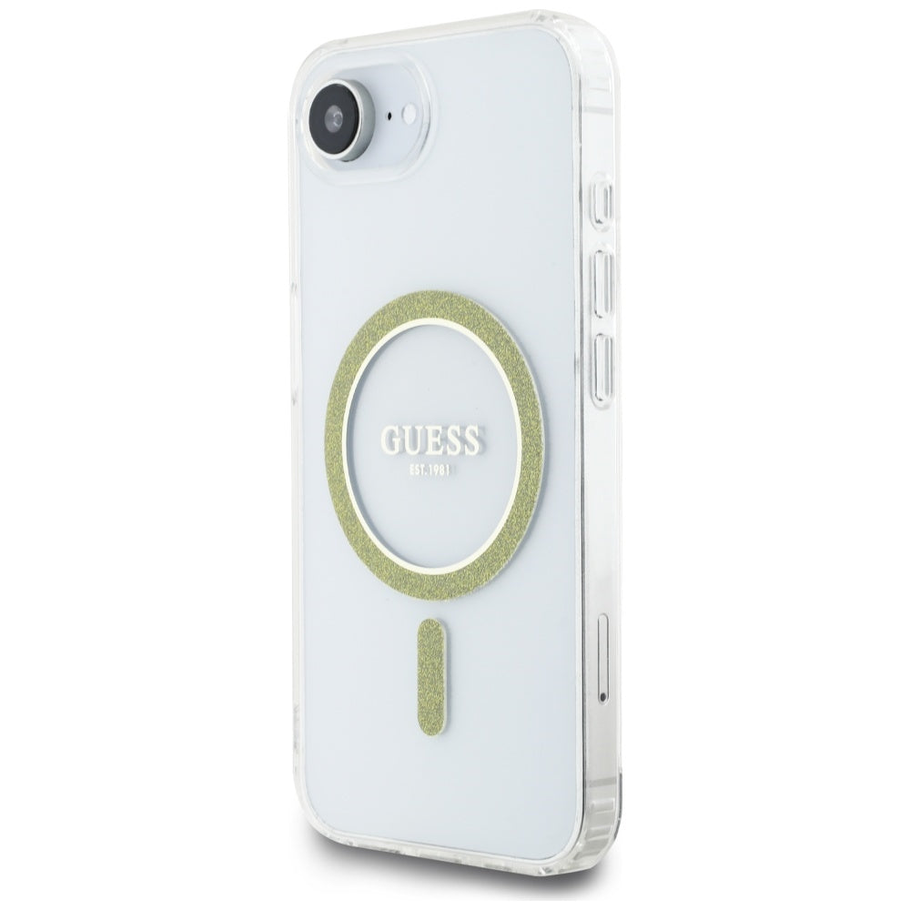 Custodia MagSafe per Apple iPhone 16e, Guess, IML Glitter Circle, Trasparente