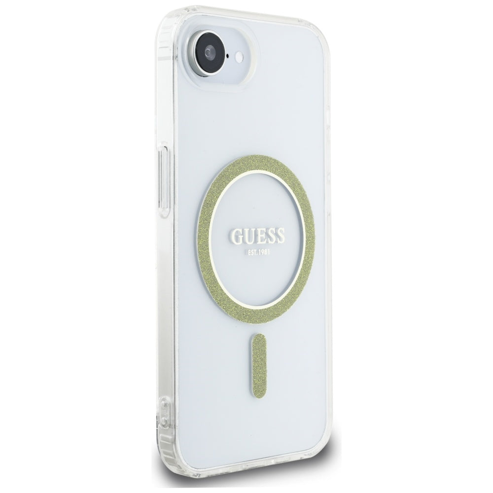 Custodia MagSafe per Apple iPhone 16e, Guess, IML Glitter Circle, Trasparente