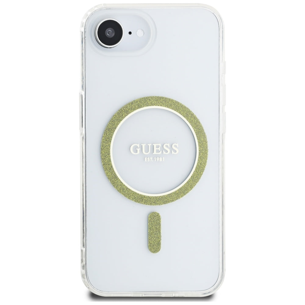 Custodia MagSafe per Apple iPhone 16e, Guess, IML Glitter Circle, Trasparente