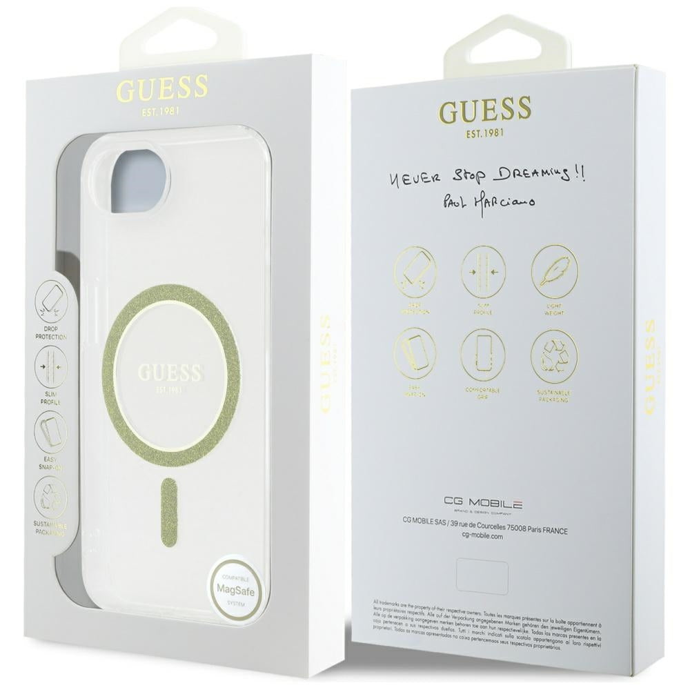 Custodia MagSafe per Apple iPhone 16e, Guess, IML Glitter Circle, Trasparente