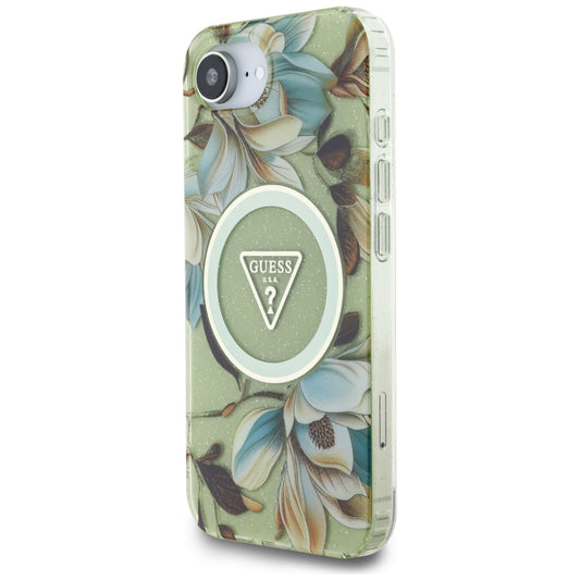 Custodia MagSafe per Apple iPhone 16e, Guess, IML Metal Glitter Flowers Triangle, Verde