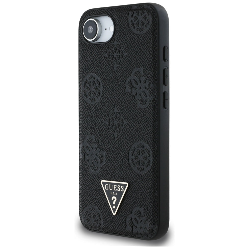 Custodia MagSafe per Apple iPhone 16e, Guess, Peony Grained Hot Stamp Triangle, Nera