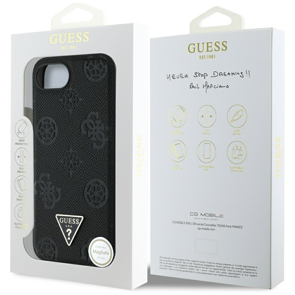 Custodia MagSafe per Apple iPhone 16e, Guess, Peony Grained Hot Stamp Triangle, Nera