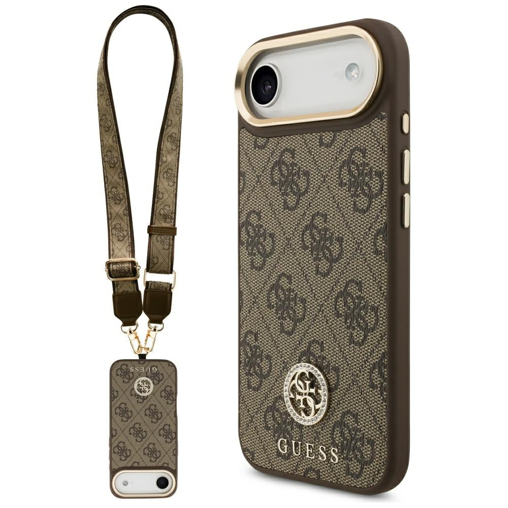 Custodia MagSafe per Apple iPhone 17 Air, Guess, 4G Strass Logo con Cinturino Grande, Marrone