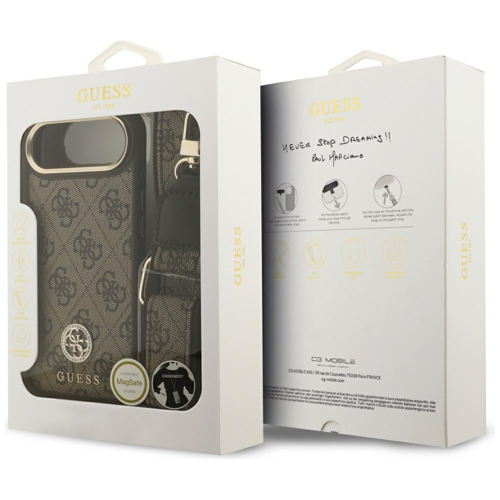 Custodia MagSafe per Apple iPhone 17 Air, Guess, 4G Strass Logo con Cinturino Grande, Marrone