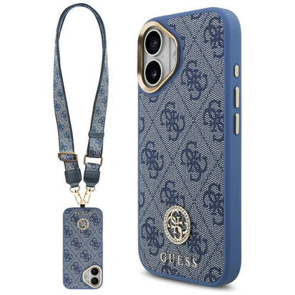 Custodia MagSafe per Apple iPhone 17, Guess, 4G Strass Logo con Cinturino Grande, Blu