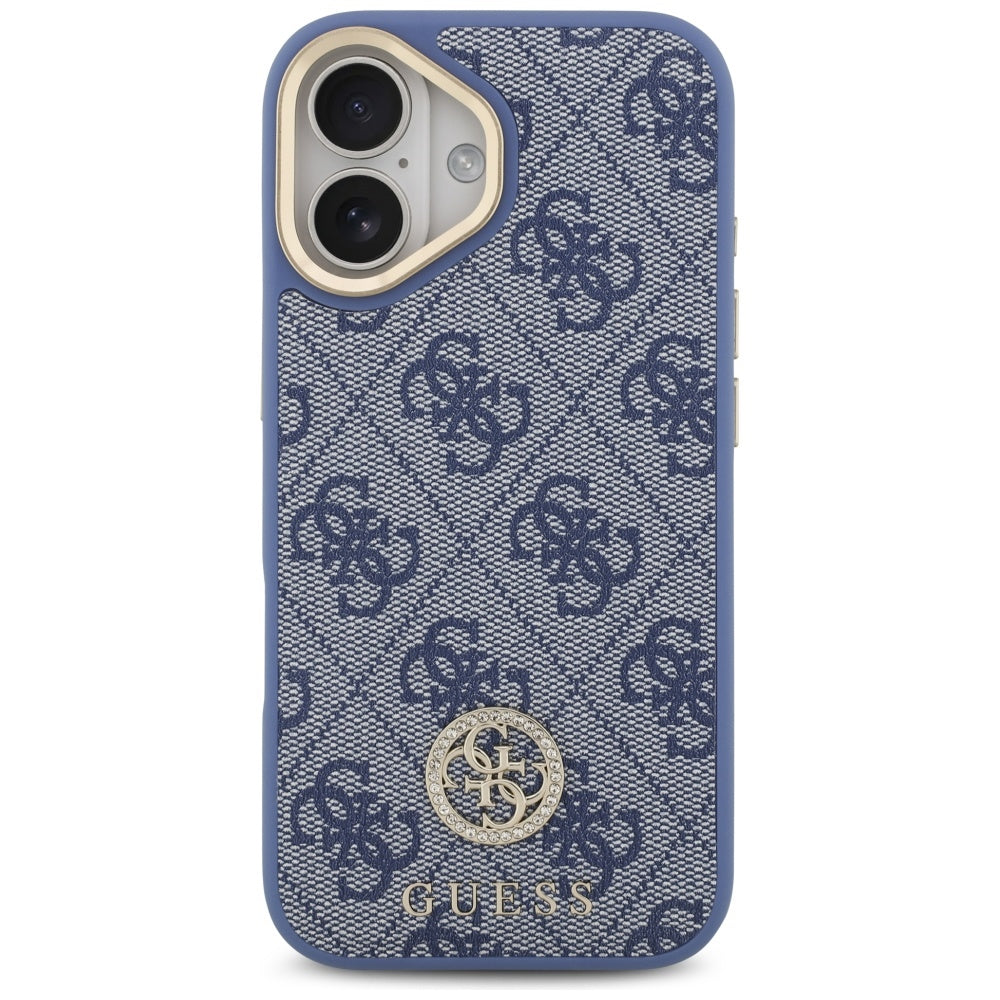 Custodia MagSafe per Apple iPhone 17, Guess, 4G Strass Logo con Cinturino Grande, Blu