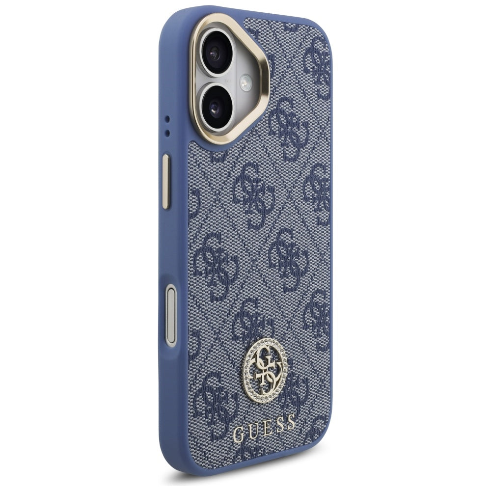 Custodia MagSafe per Apple iPhone 17, Guess, 4G Strass Logo con Cinturino Grande, Blu