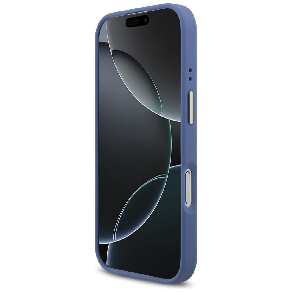 Custodia MagSafe per Apple iPhone 17, Guess, 4G Strass Logo con Cinturino Grande, Blu