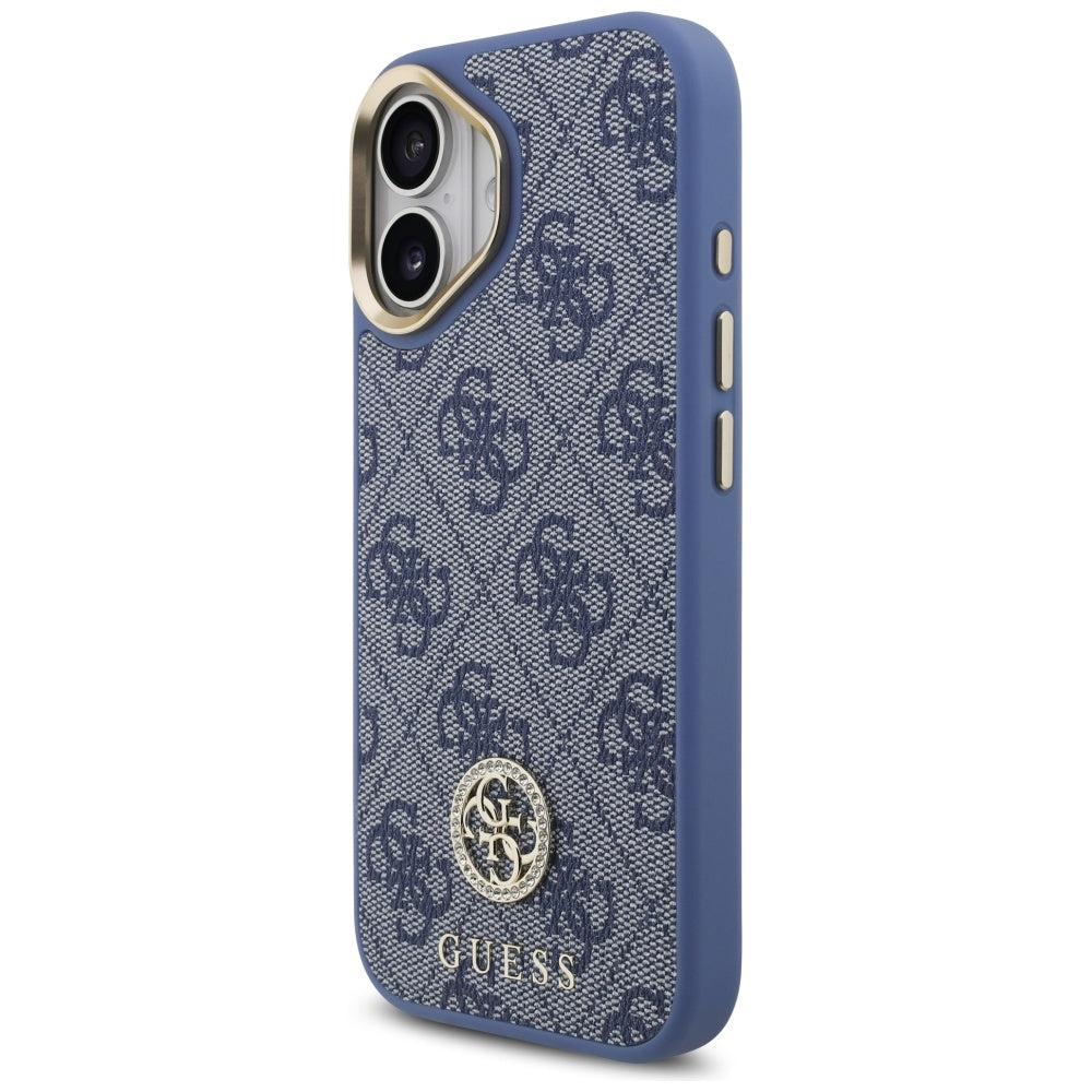 Custodia MagSafe per Apple iPhone 17, Guess, 4G Strass Logo con Cinturino Grande, Blu