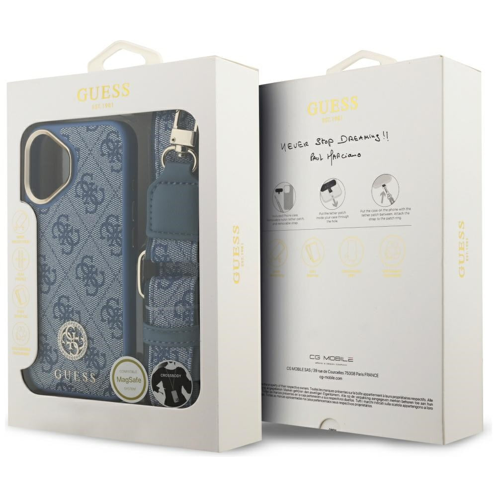 Custodia MagSafe per Apple iPhone 17, Guess, 4G Strass Logo con Cinturino Grande, Blu