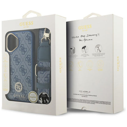 Custodia MagSafe per Apple iPhone 17, Guess, 4G Strass Logo con Cinturino Grande, Blu
