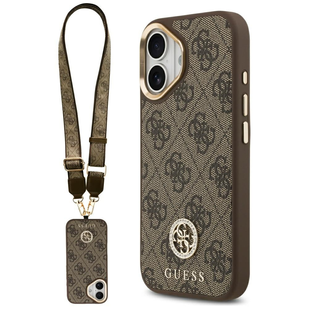 Custodia MagSafe per Apple iPhone 17, Guess, 4G Strass Logo con Cinturino Grande, Marrone