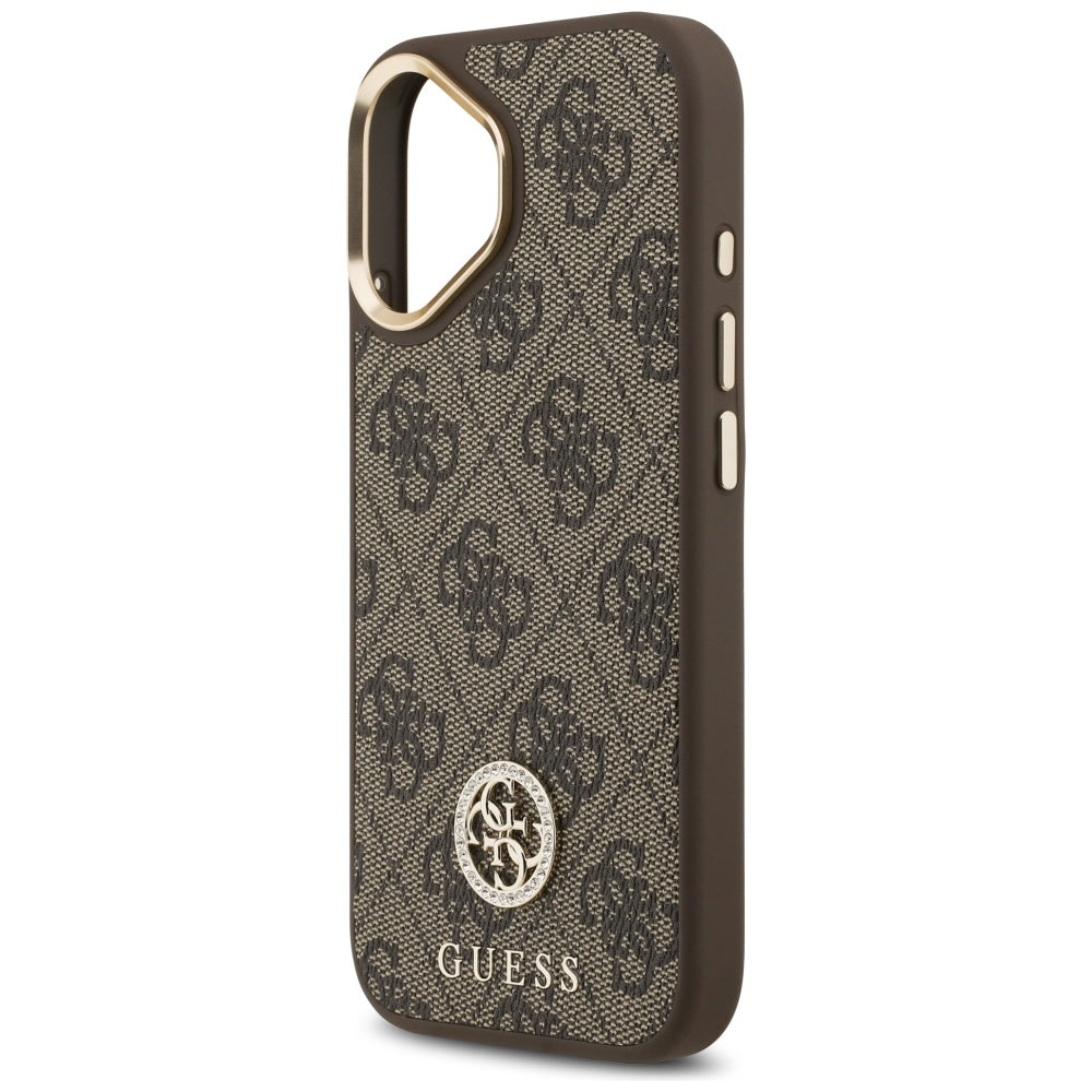 Custodia MagSafe per Apple iPhone 17, Guess, 4G Strass Logo con Cinturino Grande, Marrone
