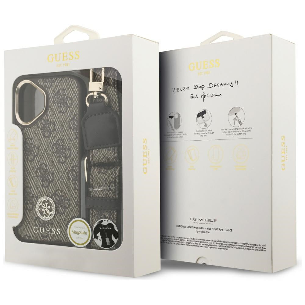Custodia MagSafe per Apple iPhone 17, Guess, 4G Strass Logo con Cinturino Grande, Marrone