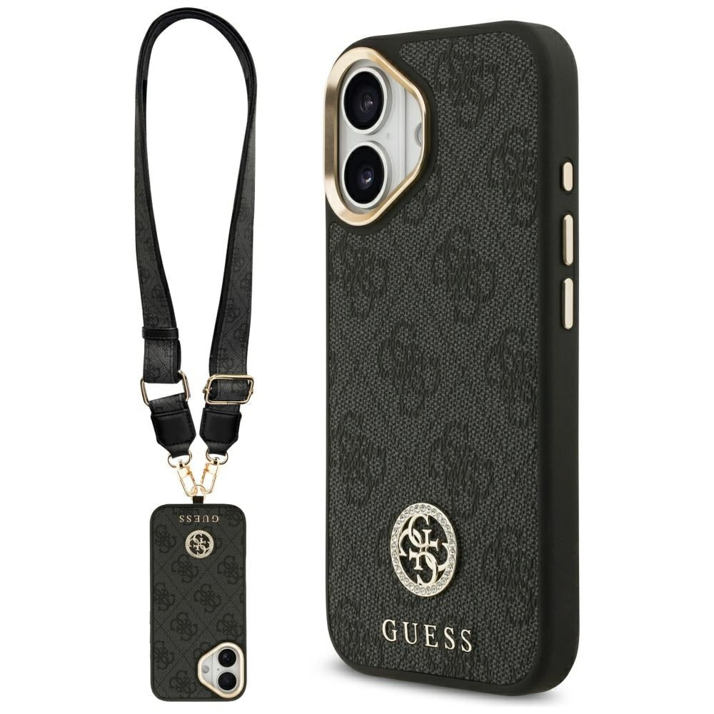 Custodia MagSafe per Apple iPhone 17, Guess, 4G Strass Logo con Cinturino Grande, Nera
