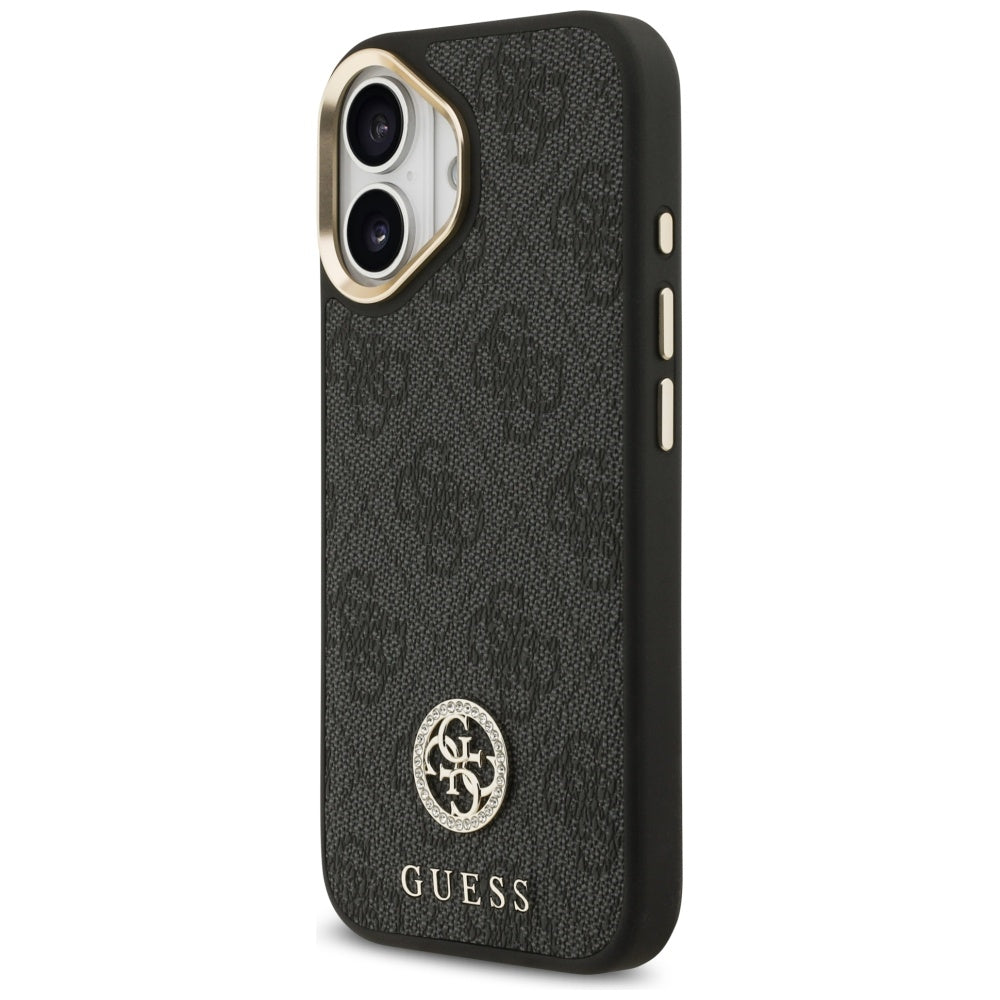 Custodia MagSafe per Apple iPhone 17, Guess, 4G Strass Logo con Cinturino Grande, Nera