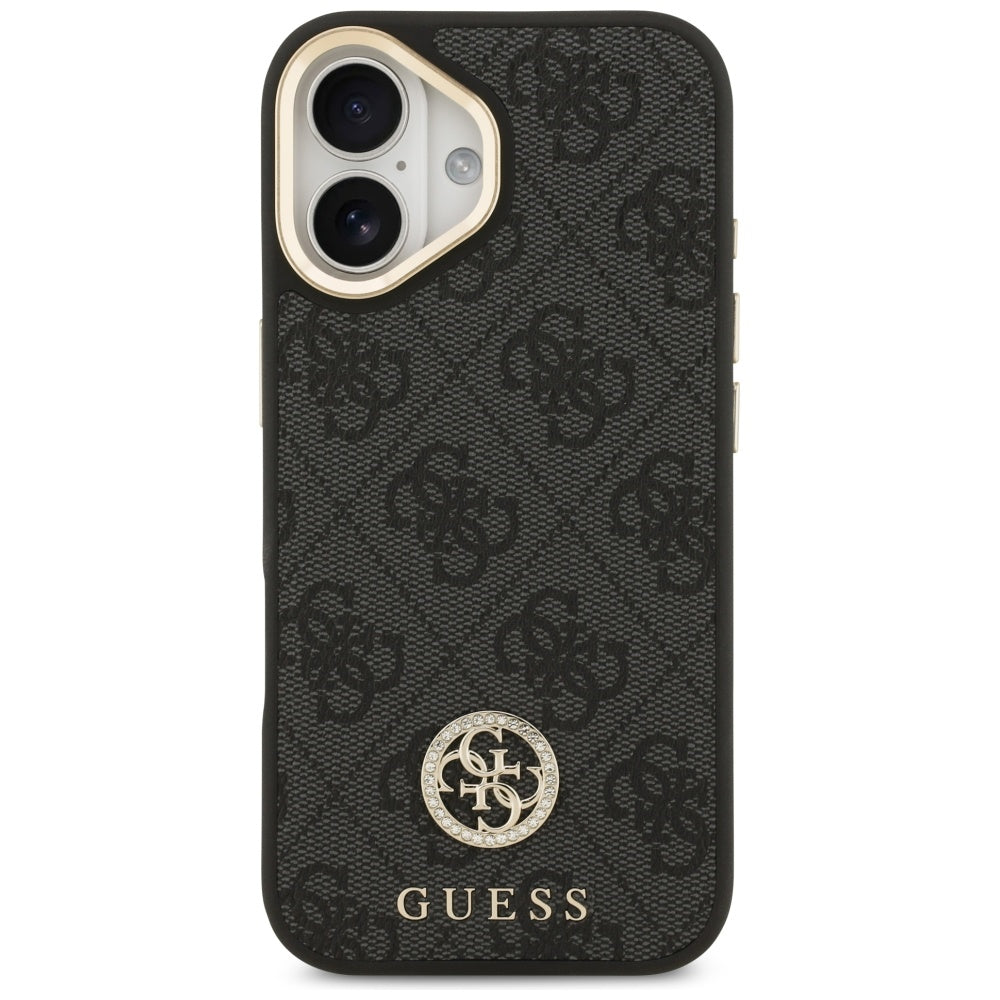 Custodia MagSafe per Apple iPhone 17, Guess, 4G Strass Logo con Cinturino Grande, Nera