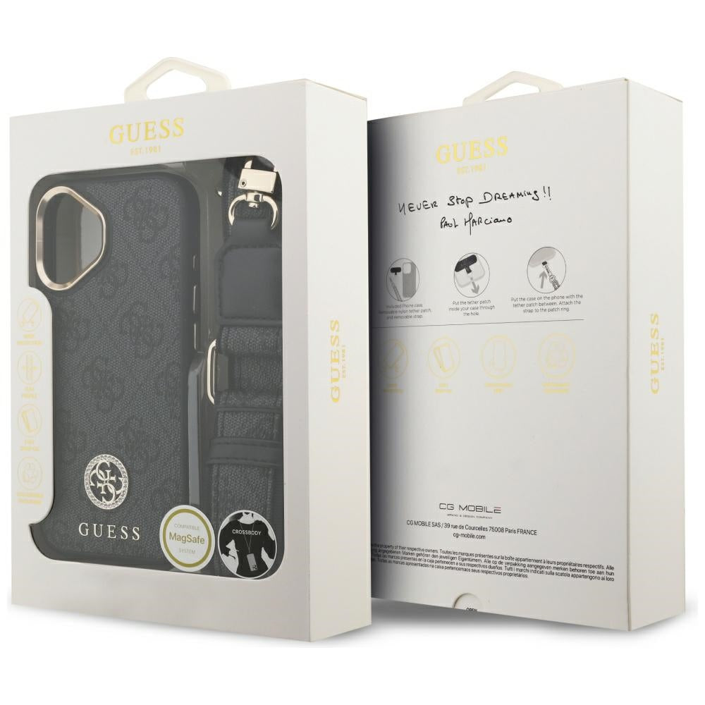 Custodia MagSafe per Apple iPhone 17, Guess, 4G Strass Logo con Cinturino Grande, Nera
