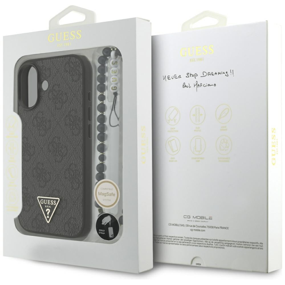 Custodia MagSafe per Apple iPhone 17, Guess, Logo Triangolo 4G con Cinturino, Nera