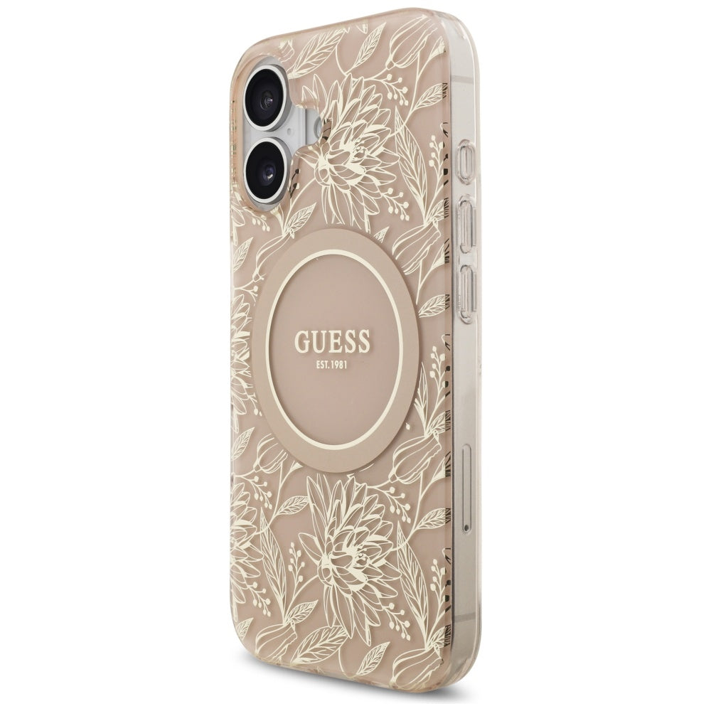 Custodia MagSafe per Apple iPhone 17, Guess, IML Flowers Allover Electroplated with Pearl Strap, Nera