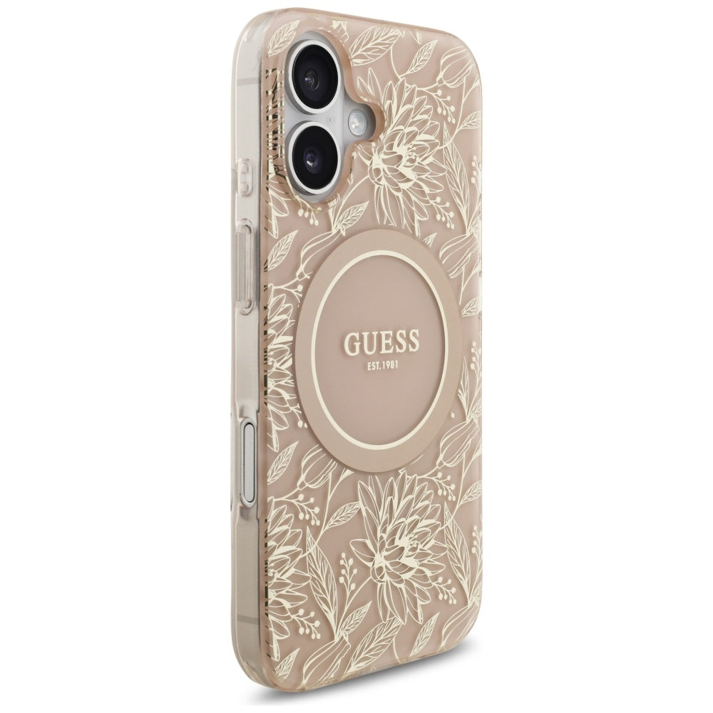 Custodia MagSafe per Apple iPhone 17, Guess, IML Flowers Allover Electroplated with Pearl Strap, Nera