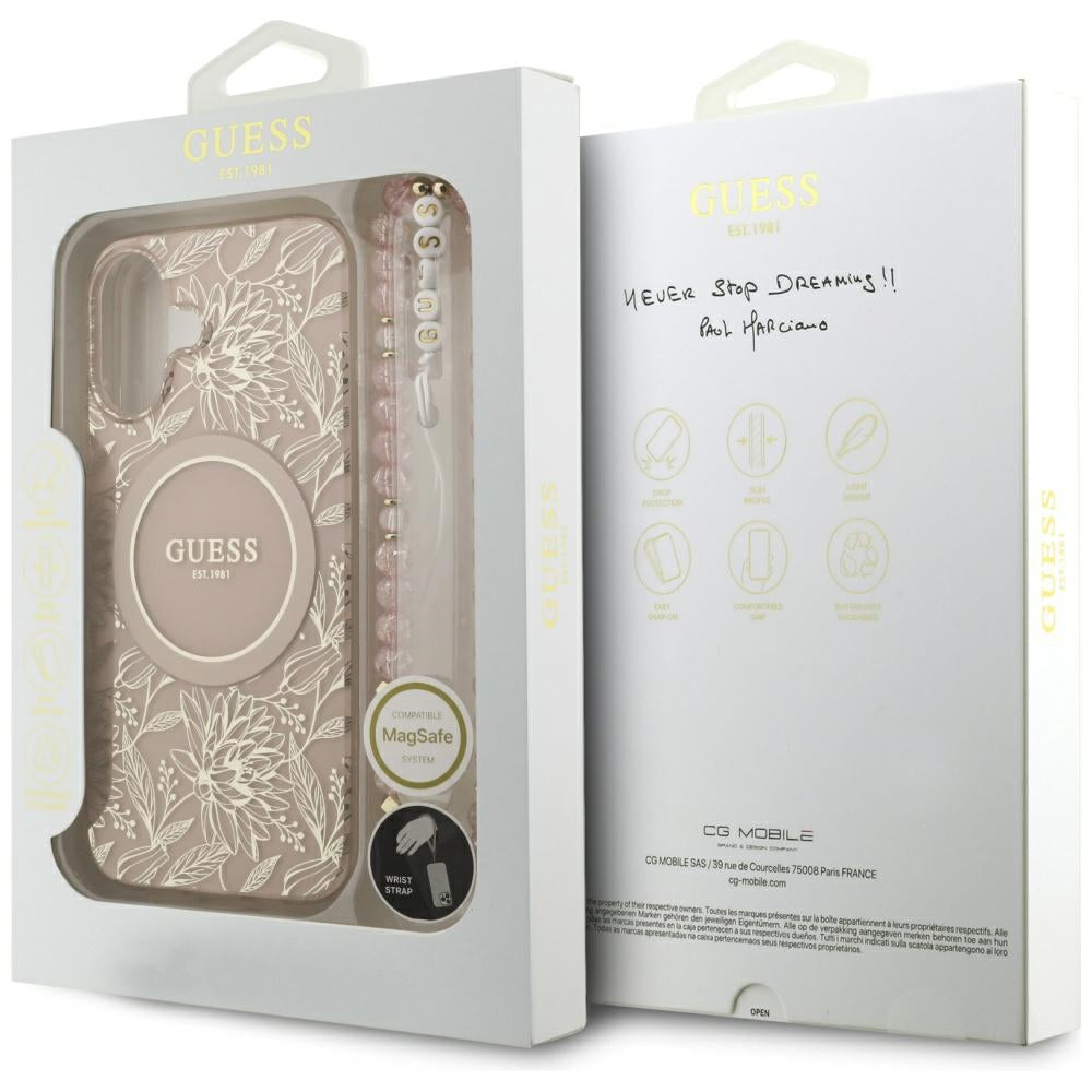 Custodia MagSafe per Apple iPhone 17, Guess, IML Flowers Allover Electroplated with Pearl Strap, Nera