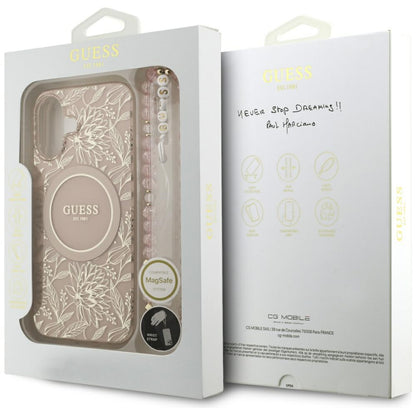 Custodia MagSafe per Apple iPhone 17, Guess, IML Flowers Allover Electroplated with Pearl Strap, Nera