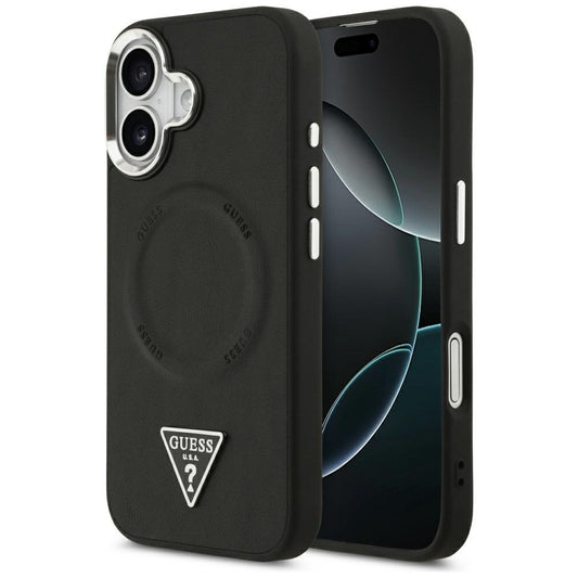 Custodia MagSafe per Apple iPhone 17, Guess, Logo Triangolo, Nera Argentata