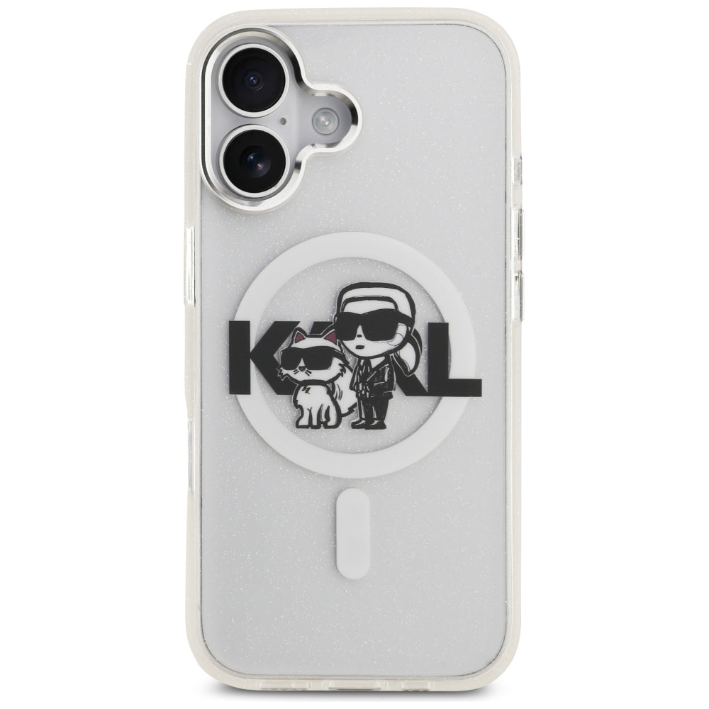 Custodia MagSafe per Apple iPhone 17, Karl Lagerfeld, IML Sketch Logo Glitter Karl & Choupette, Trasparente