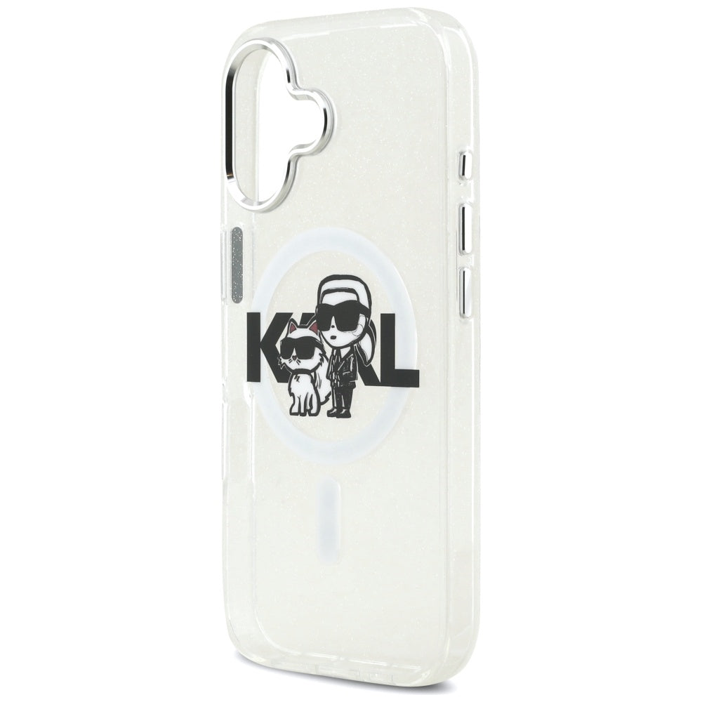 Custodia MagSafe per Apple iPhone 17, Karl Lagerfeld, IML Sketch Logo Glitter Karl & Choupette, Trasparente