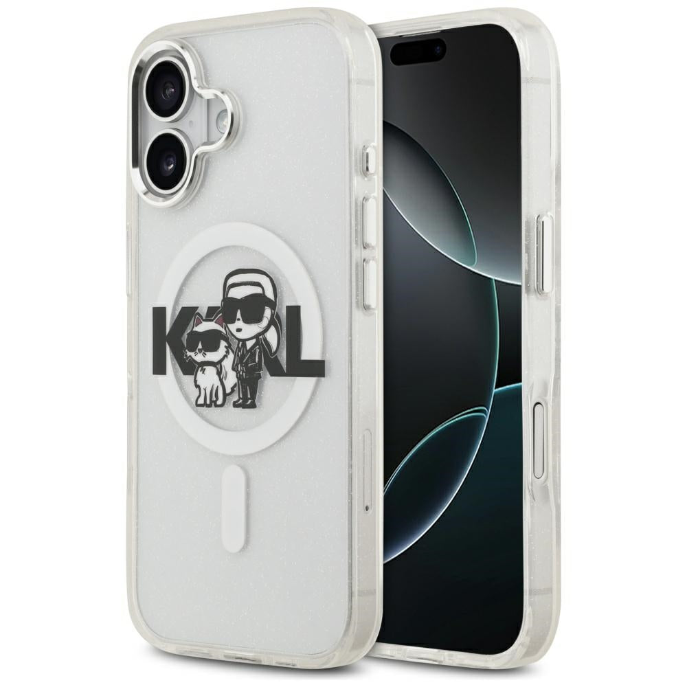 Custodia MagSafe per Apple iPhone 17, Karl Lagerfeld, IML Sketch Logo Glitter Karl & Choupette, Trasparente