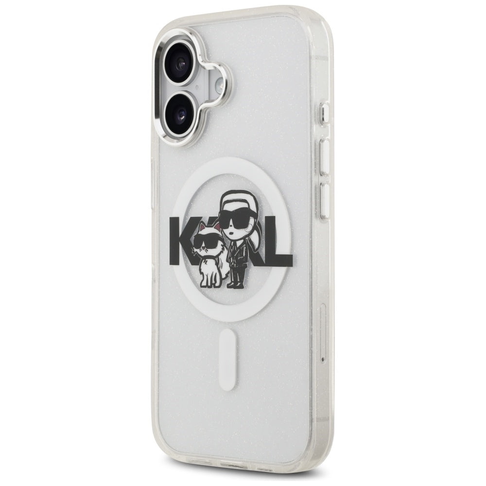 Custodia MagSafe per Apple iPhone 17, Karl Lagerfeld, IML Sketch Logo Glitter Karl & Choupette, Trasparente