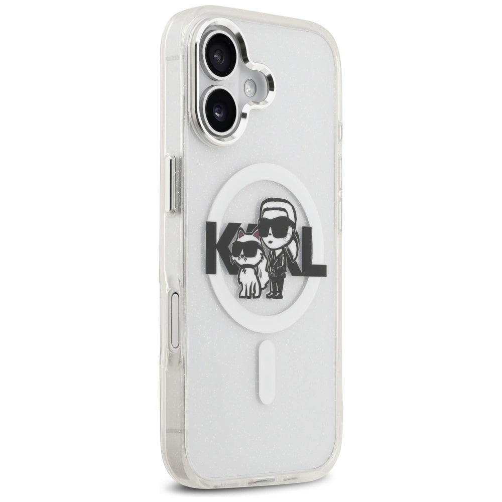 Custodia MagSafe per Apple iPhone 17, Karl Lagerfeld, IML Sketch Logo Glitter Karl & Choupette, Trasparente