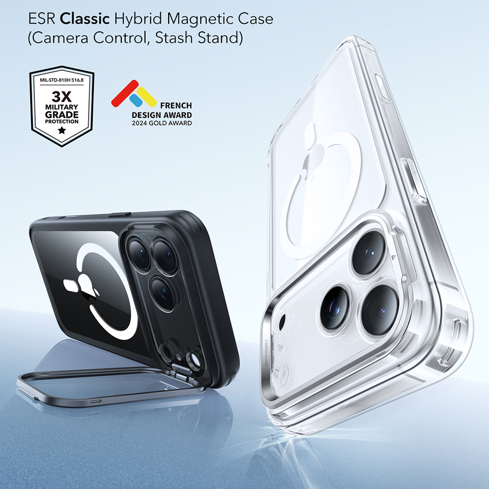 Custodia MagSafe per Apple iPhone 17 Pro, ESR, Classic Hybrid Kickstand, Nera Trasparente