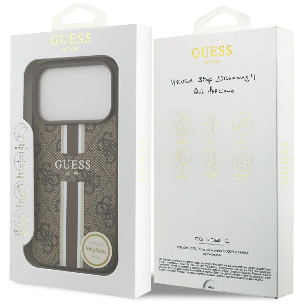 Custodia MagSafe per Apple iPhone 17 Pro, Guess, 4G Printed Stripes, Marrone