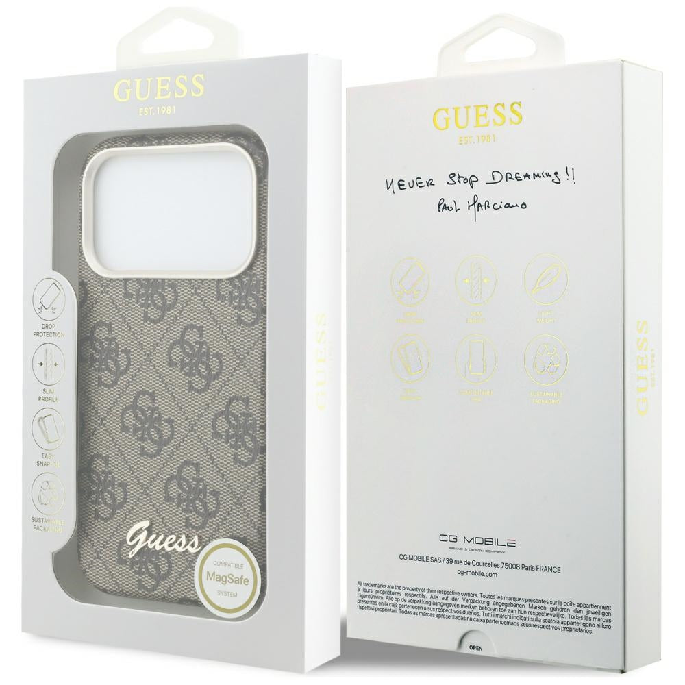 Custodia MagSafe per Apple iPhone 17 Pro, Guess, 4G Script Logo, Marrone