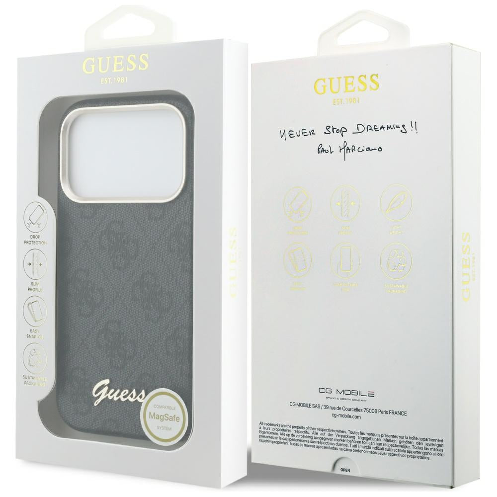 Custodia MagSafe per Apple iPhone 17 Pro, Guess, 4G Script Logo, Nera
