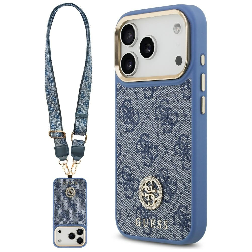 Custodia MagSafe per Apple iPhone 17 Pro, Guess, 4G Strass Logo con Big Strap, Blu