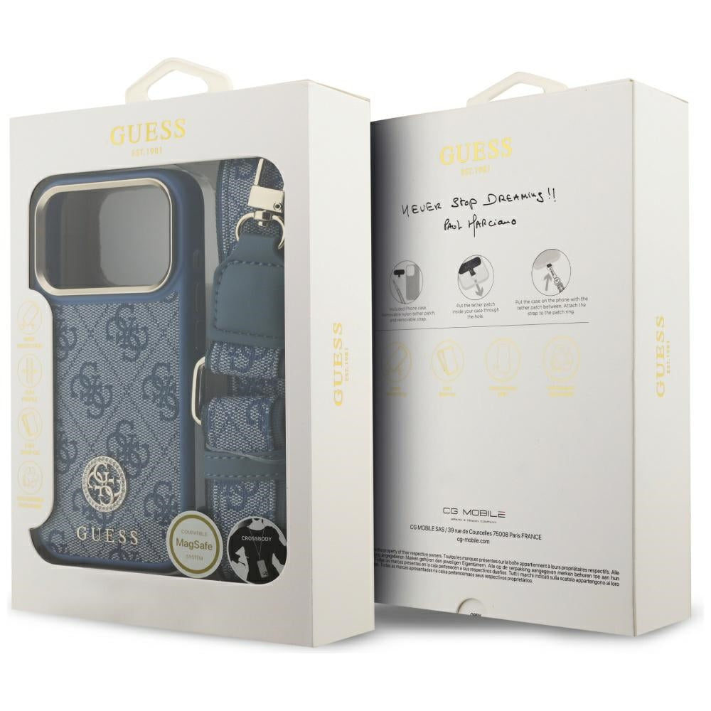 Custodia MagSafe per Apple iPhone 17 Pro, Guess, 4G Strass Logo con Big Strap, Blu