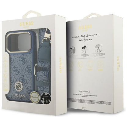 Custodia MagSafe per Apple iPhone 17 Pro, Guess, 4G Strass Logo con Big Strap, Blu