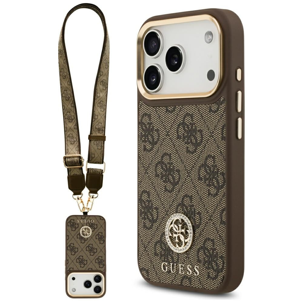 Custodia MagSafe per Apple iPhone 17 Pro, Guess, 4G Strass Logo con Cinturino Grande, Marrone