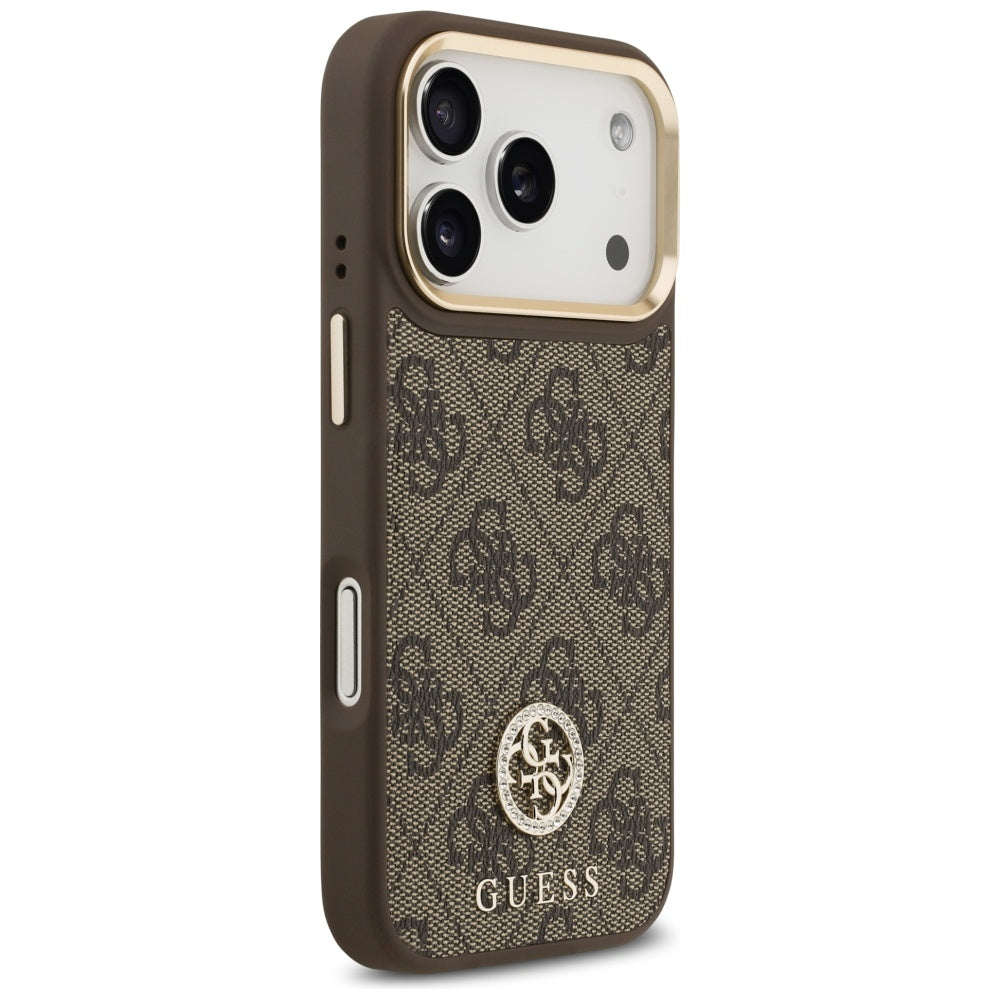 Custodia MagSafe per Apple iPhone 17 Pro, Guess, 4G Strass Logo con Cinturino Grande, Marrone