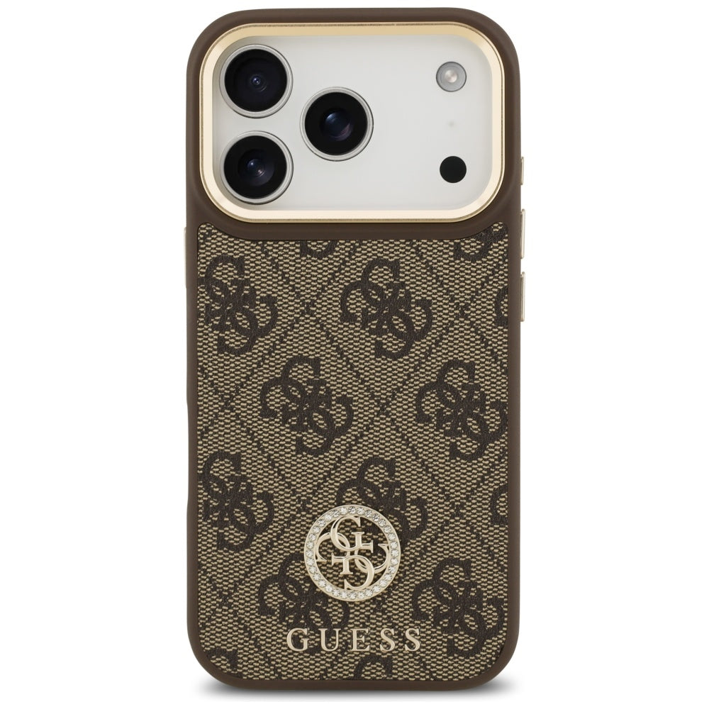 Custodia MagSafe per Apple iPhone 17 Pro, Guess, 4G Strass Logo con Cinturino Grande, Marrone