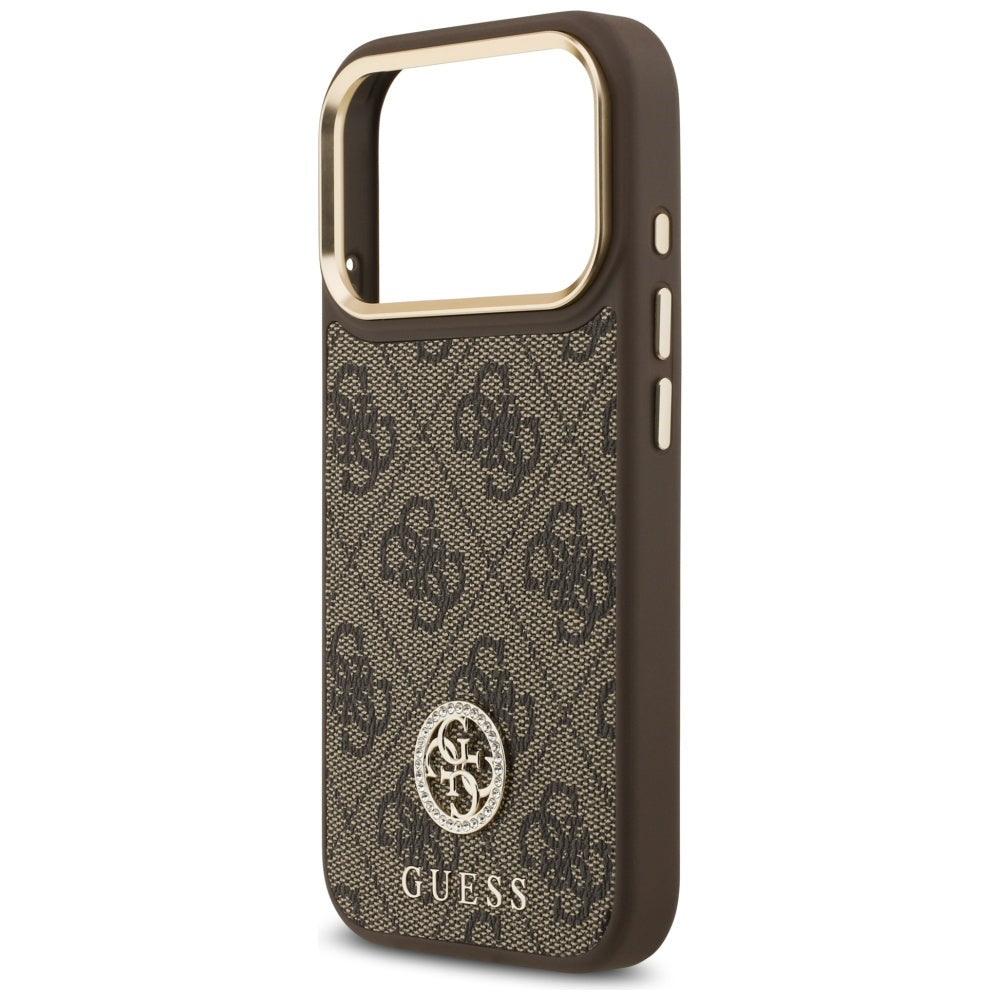 Custodia MagSafe per Apple iPhone 17 Pro, Guess, 4G Strass Logo con Cinturino Grande, Marrone