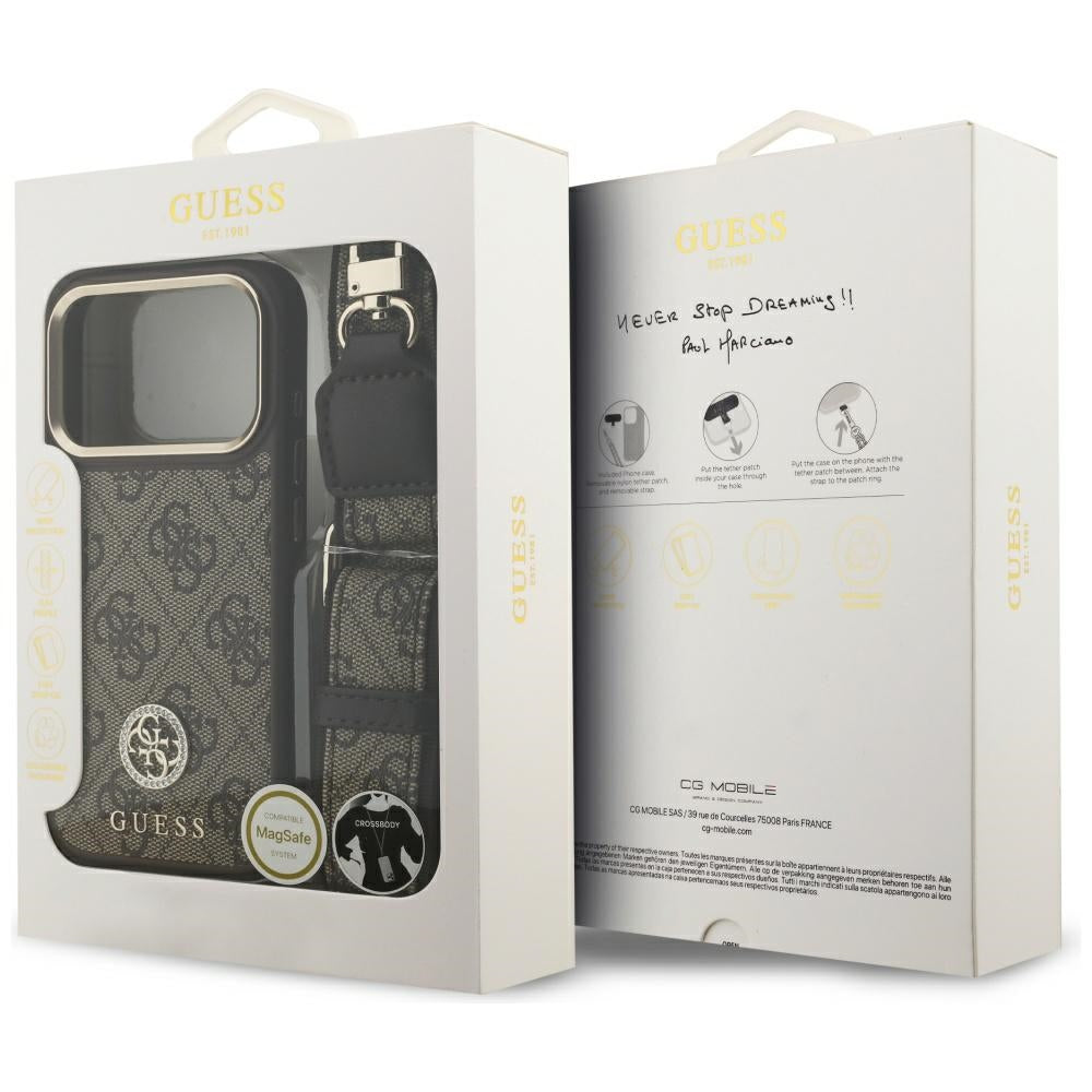 Custodia MagSafe per Apple iPhone 17 Pro, Guess, 4G Strass Logo con Cinturino Grande, Marrone